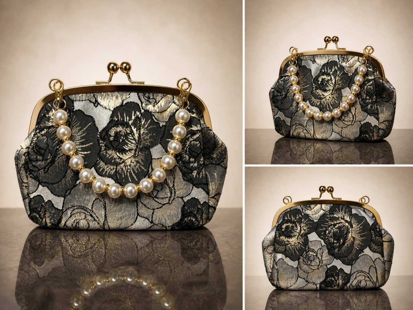 Black Floral Pearl Clutch
