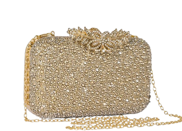 Gold Crystal Glam Clutch with a flower
