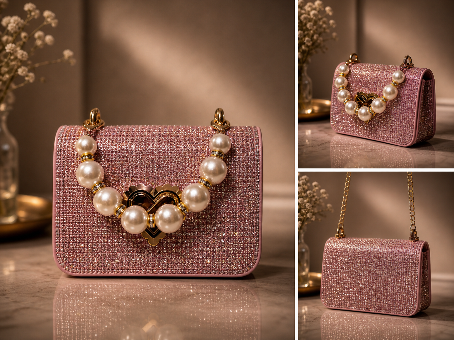 Mini Pink Pearl Heart Bag