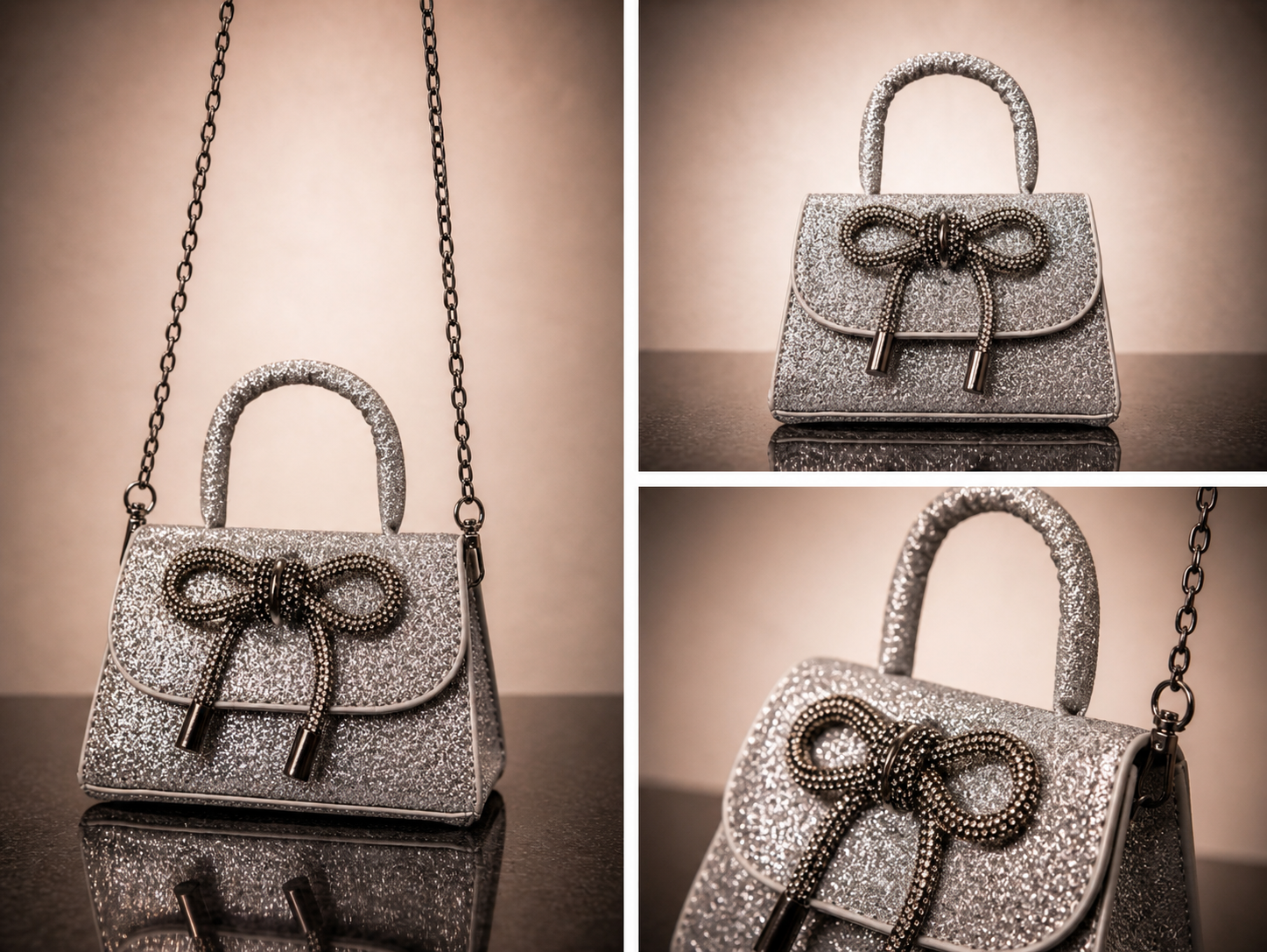 Mini Silver Sparkle Bow Bag