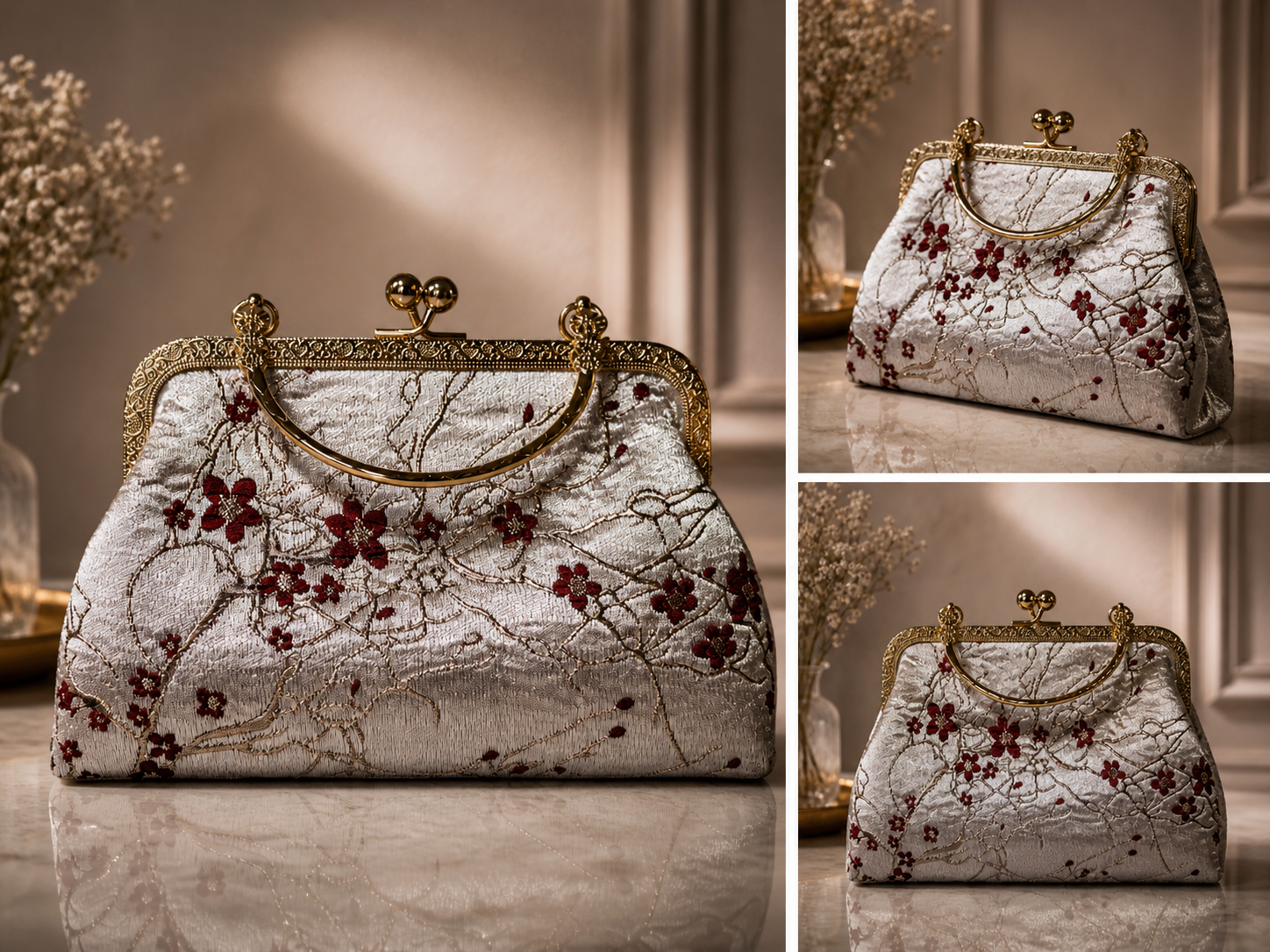 White & Red Floral Gold Frame Clutch