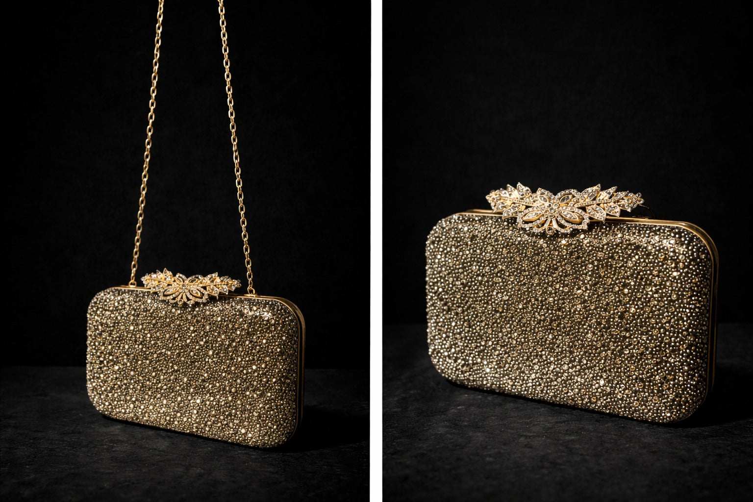 Gold Crystal Glam Clutch with a flower